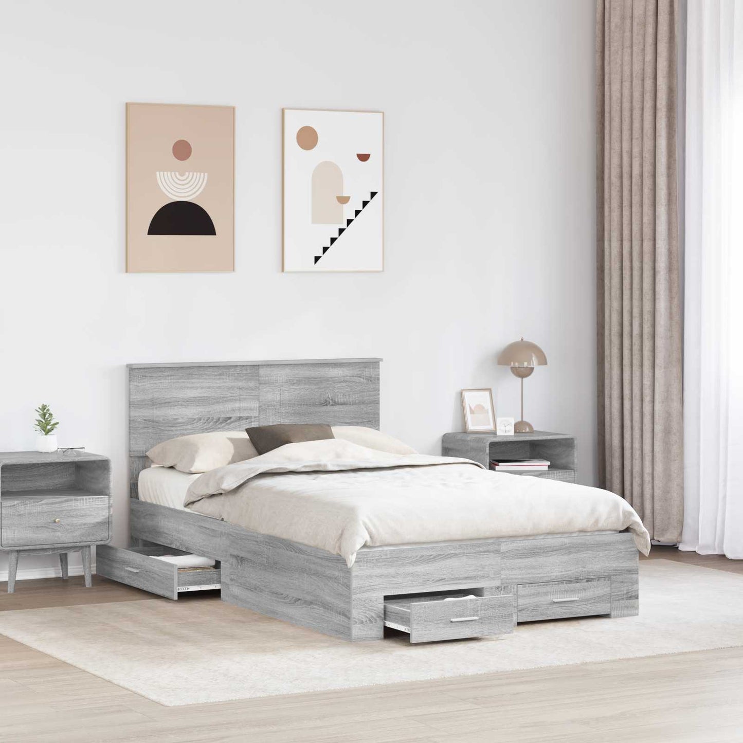 vidaXL Bed Frame with Drawer Grey Sonoma 135 x 190 cm Engineered Wood 3