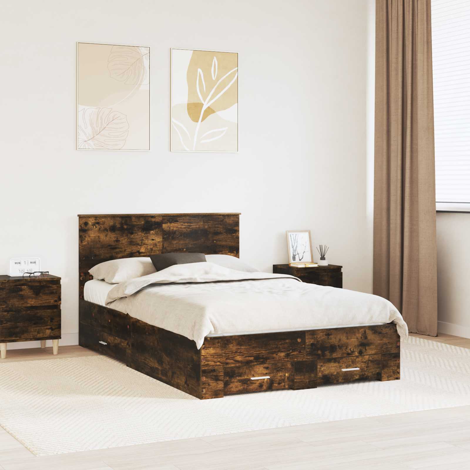vidaXL Bed Frame with Drawer Smoked Oak 120 x 200 cm Engineered Wood 1