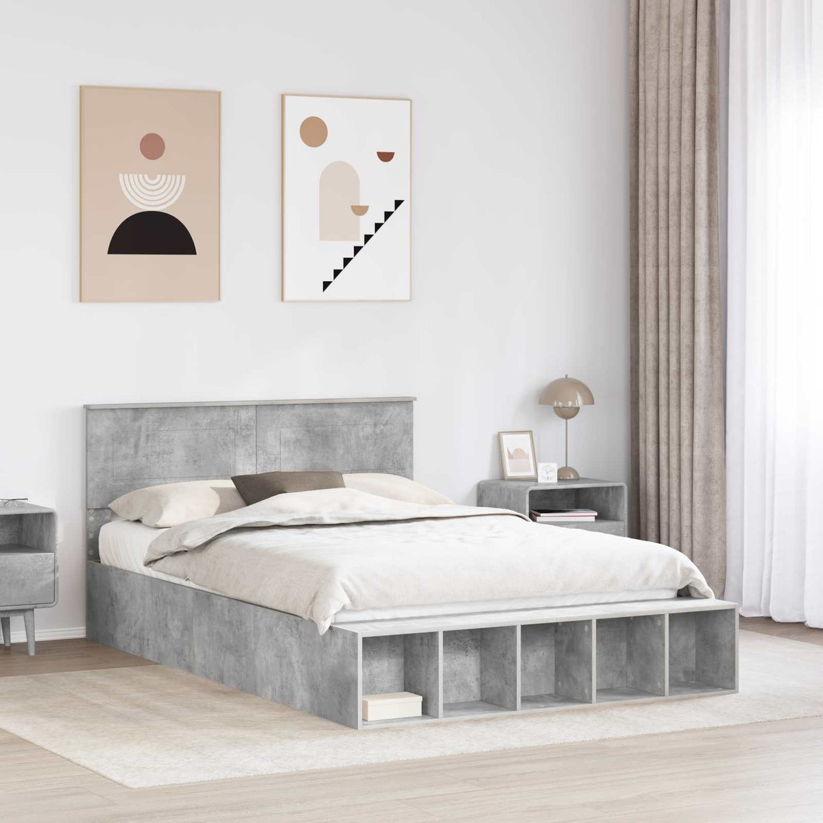 vidaXL Bed Frame with Shelf Concrete Grey 160 x 200 cm Engineered Wood 3