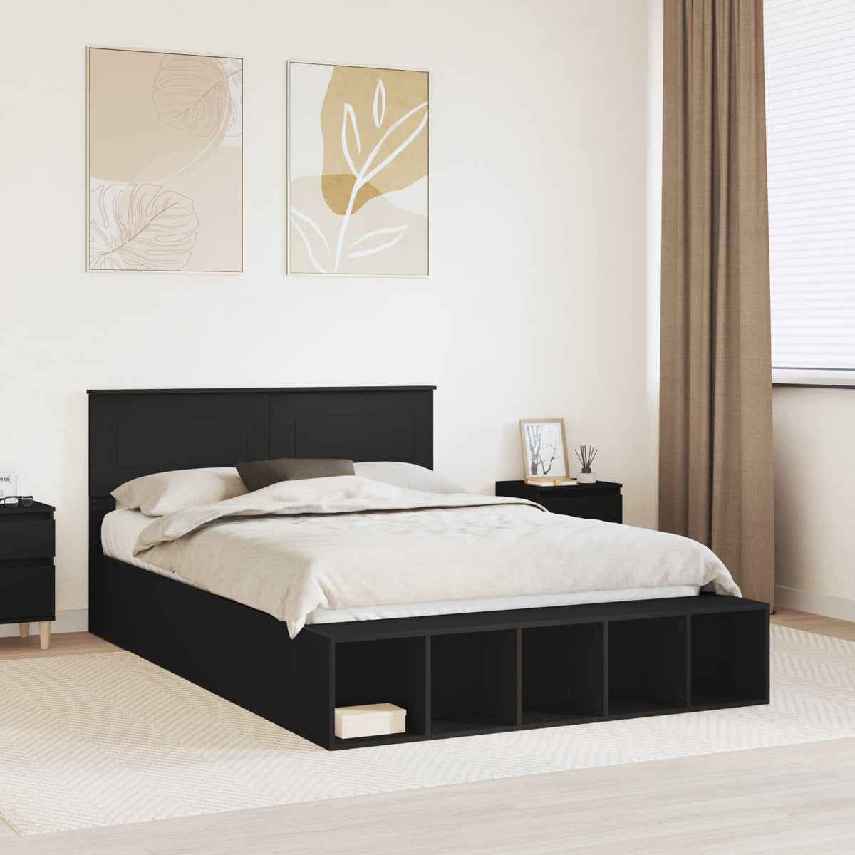 Bed Frame with Shelf Engineered Wood Length 200 cm Black 150 cm