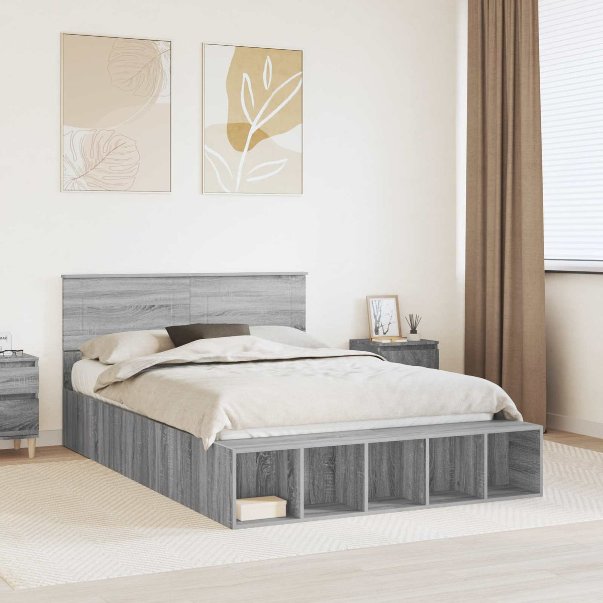 Bed Frame with Shelf Engineered Wood Length 200 cm Grey sonoma 150 cm