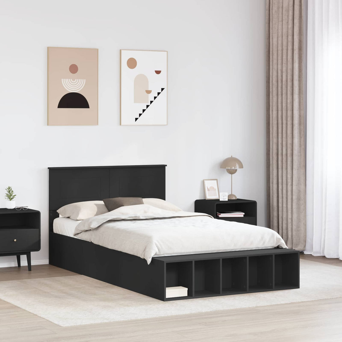 Bed Frame with Shelf Engineered Wood Length 190 cm Black 135 cm