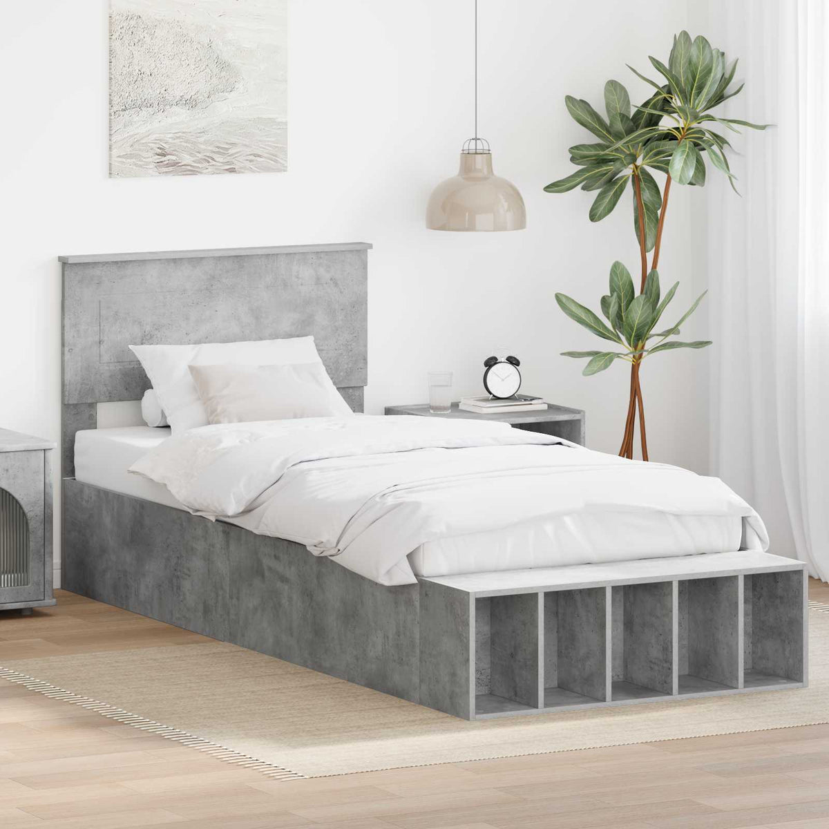 Bed Frame with Shelf Engineered Wood Length 200 cm Concrete grey 100 cm