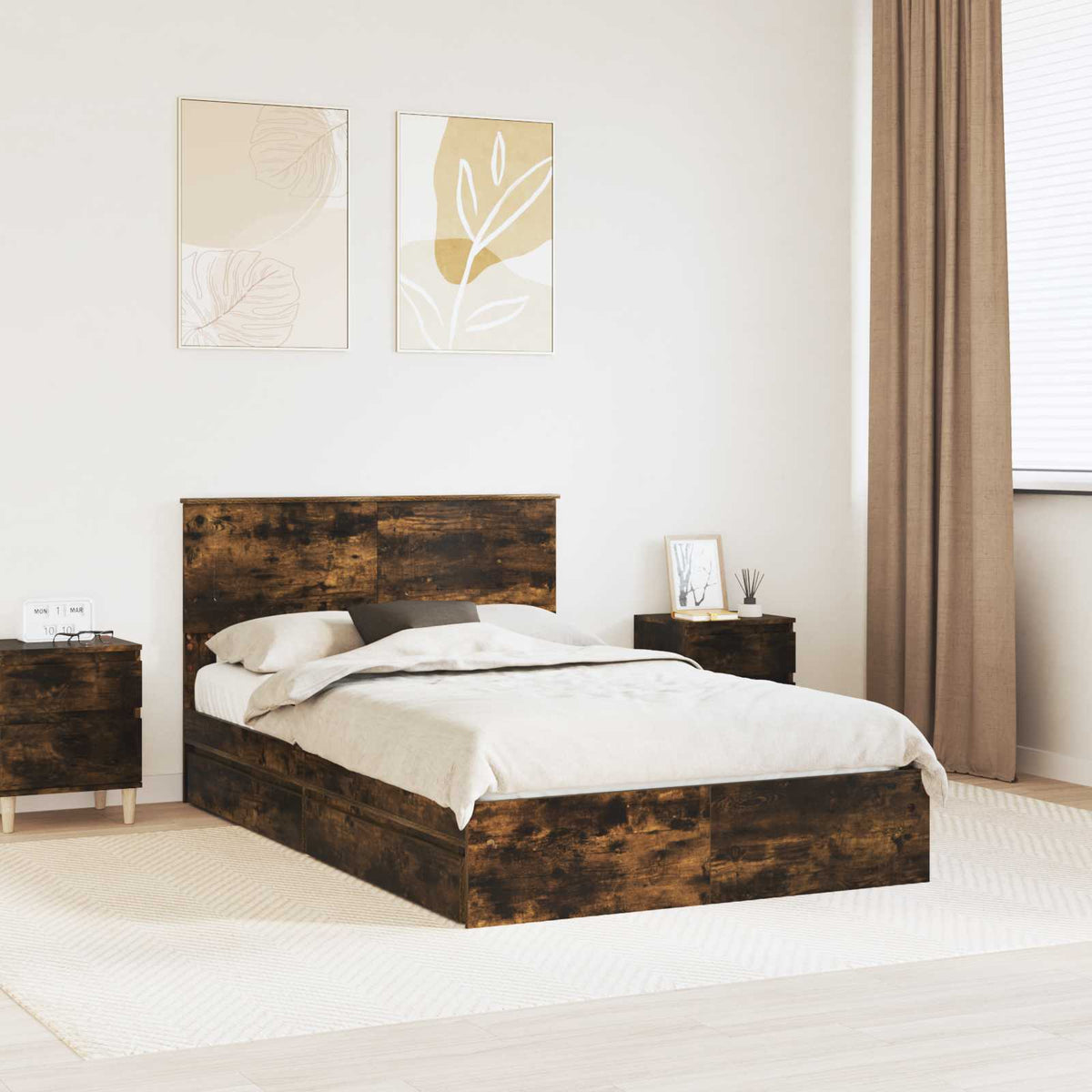 Storage Bed with Drawer Engineered Wood Length 190 cm Smoked oak 135 cm