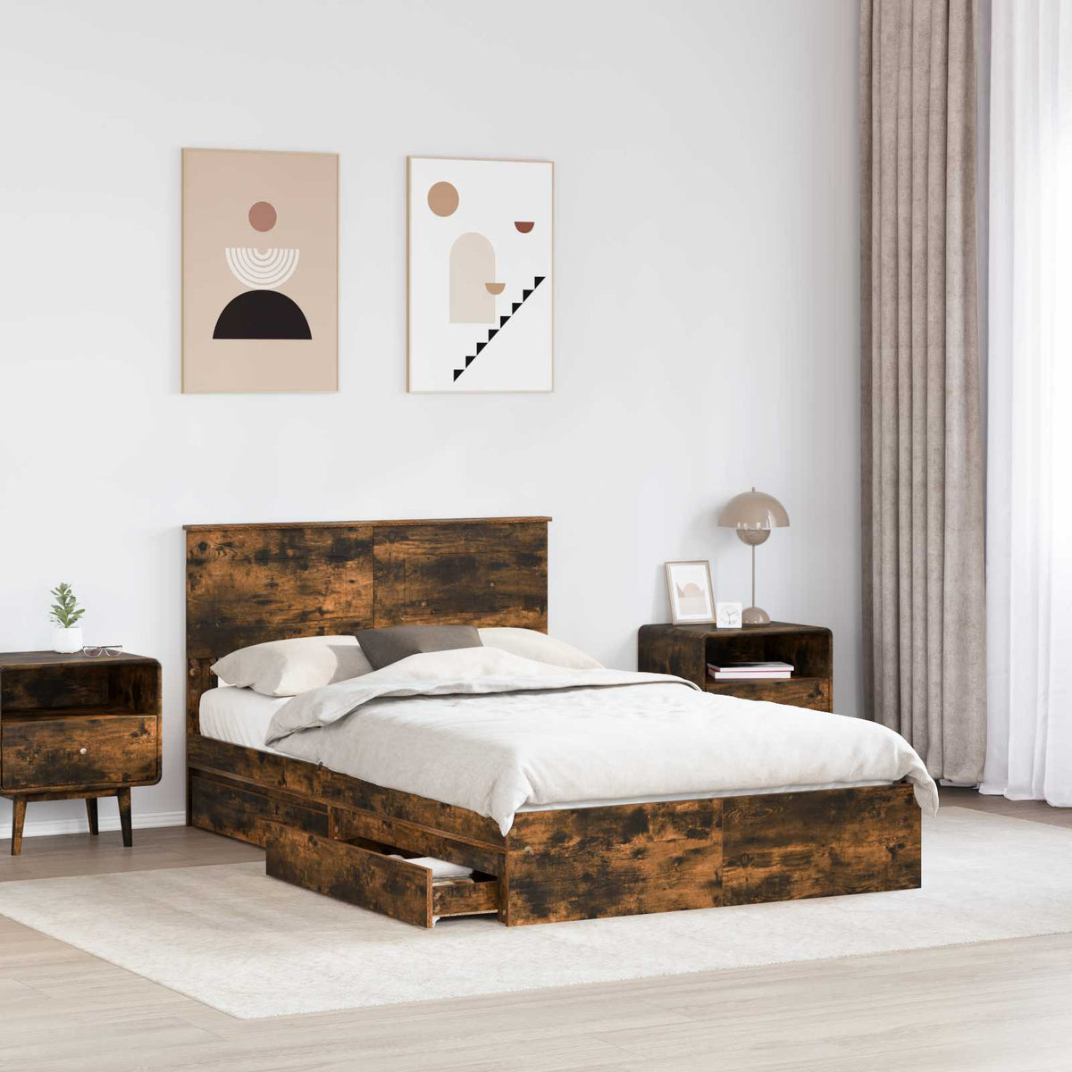 vidaXL Storage Bed with Drawer Smoked Oak 135 x 190 cm Engineered Wood 3