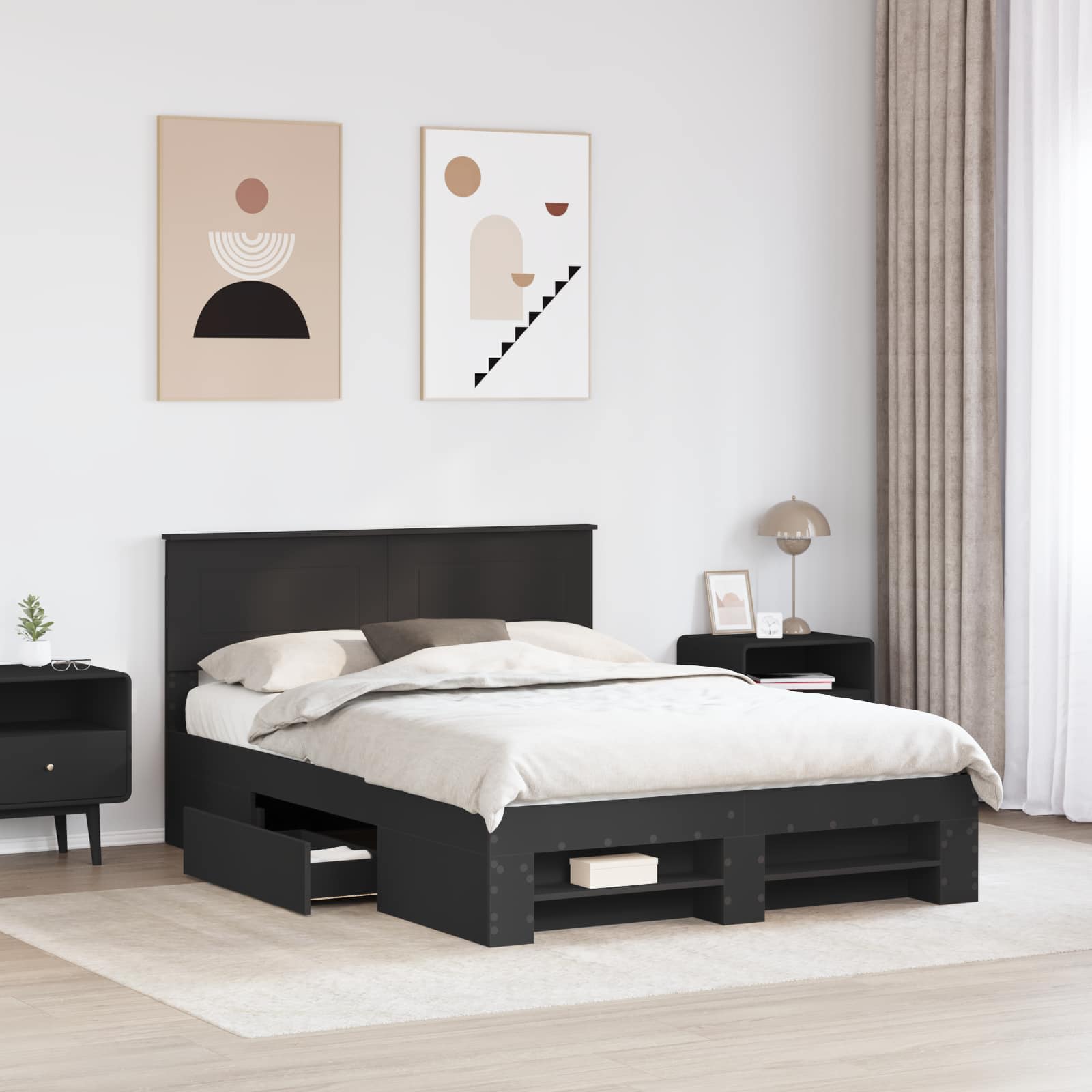 vidaXL Bed Frame with Headboard Black 140 x 200 cm Engineered Wood 3