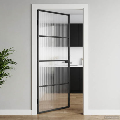 Interior Door Slim Black 76x201.5 cm Tempered Glass&Aluminium 3 Horizontal Bars Black and fluted