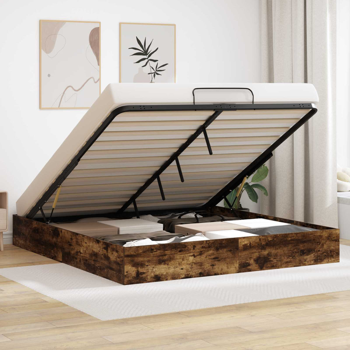 vidaXL Ottoman Bed Frame Smoked Oak 160 x 200 cm Engineered Wood 1