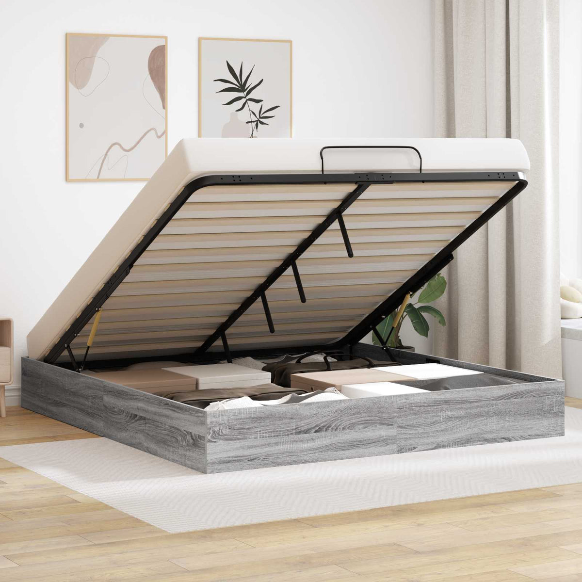 vidaXL Ottoman Bed Frame Grey Sonoma 160 x 200 cm Engineered Wood 1