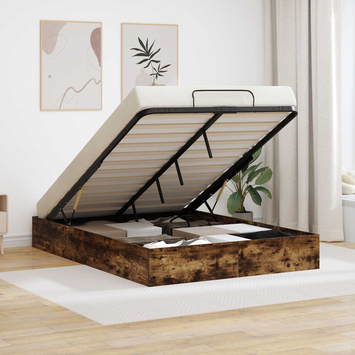 vidaXL Ottoman Bed Frame Smoked Oak 140 x 200 cm Engineered Wood 1