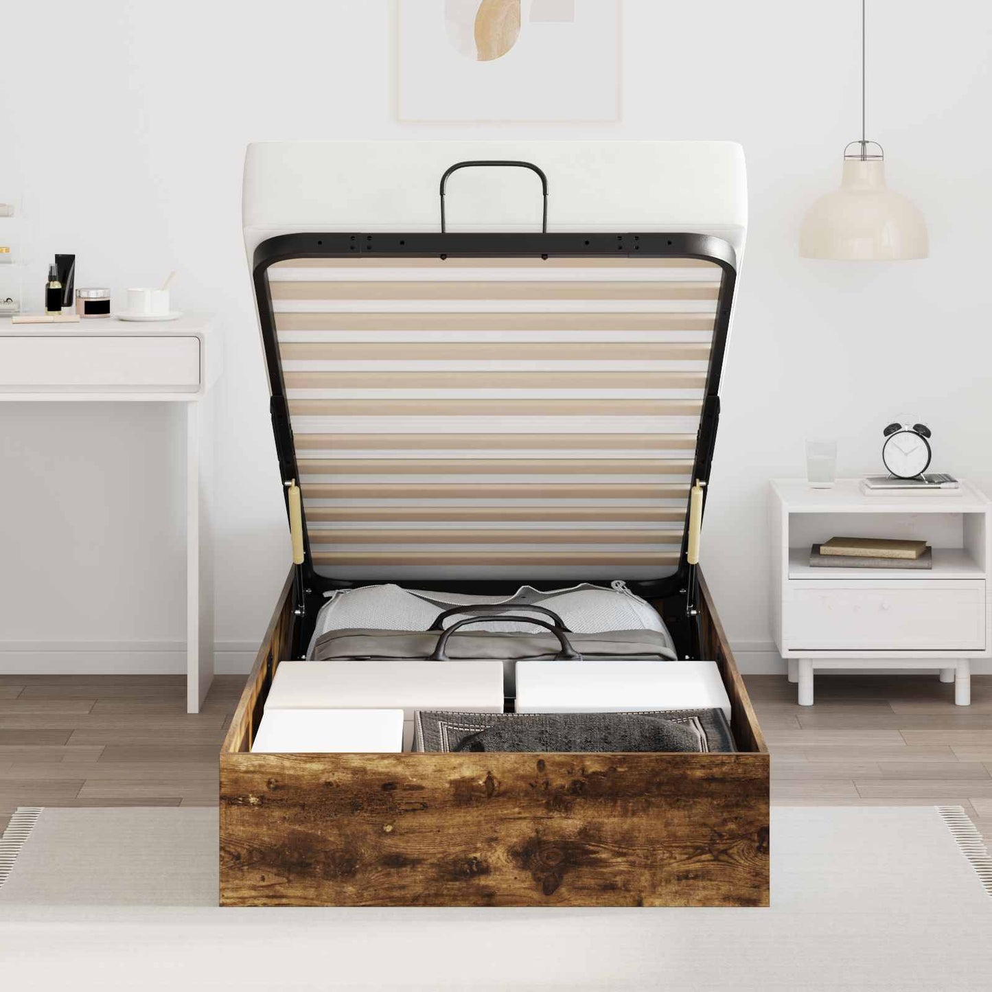 vidaXL Ottoman Bed Frame Smoked Oak 80.5 x 200 cm Engineered Wood 4