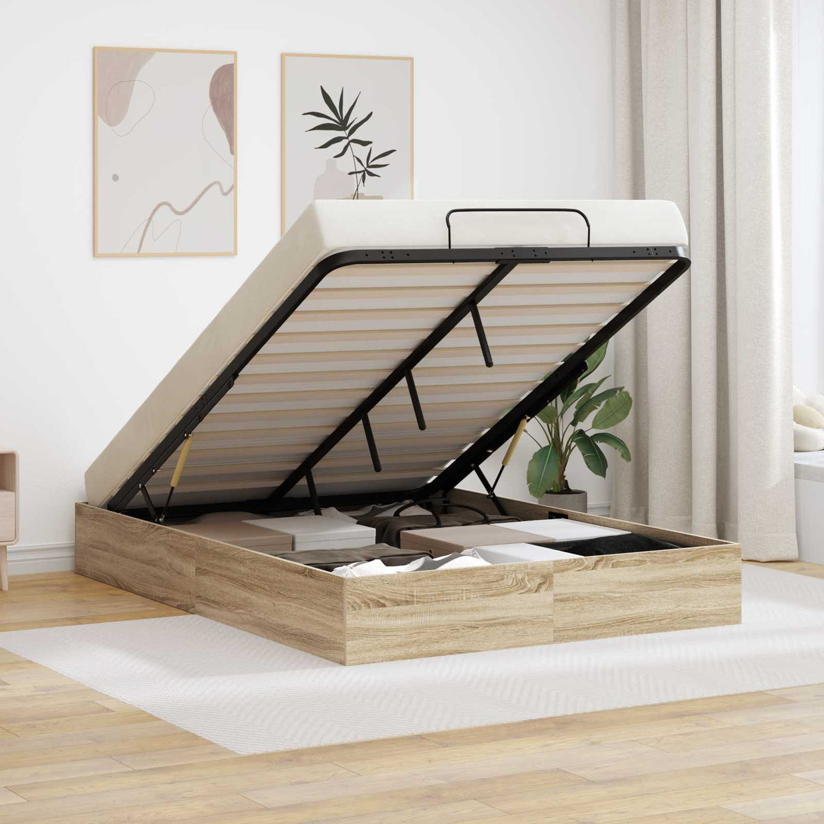 vidaXL Ottoman Bed Frame Sonoma Oak 135 x 190 cm Engineered Wood 1
