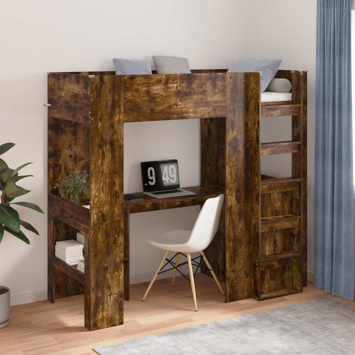 vidaXL Loft Bed Frame with Desk Smoked Oak 75 x 190 cm Engineered Wood 1