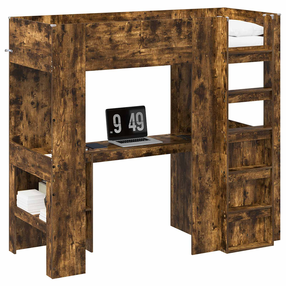 vidaXL Loft Bed Frame with Desk Smoked Oak 75 x 190 cm Engineered Wood 2