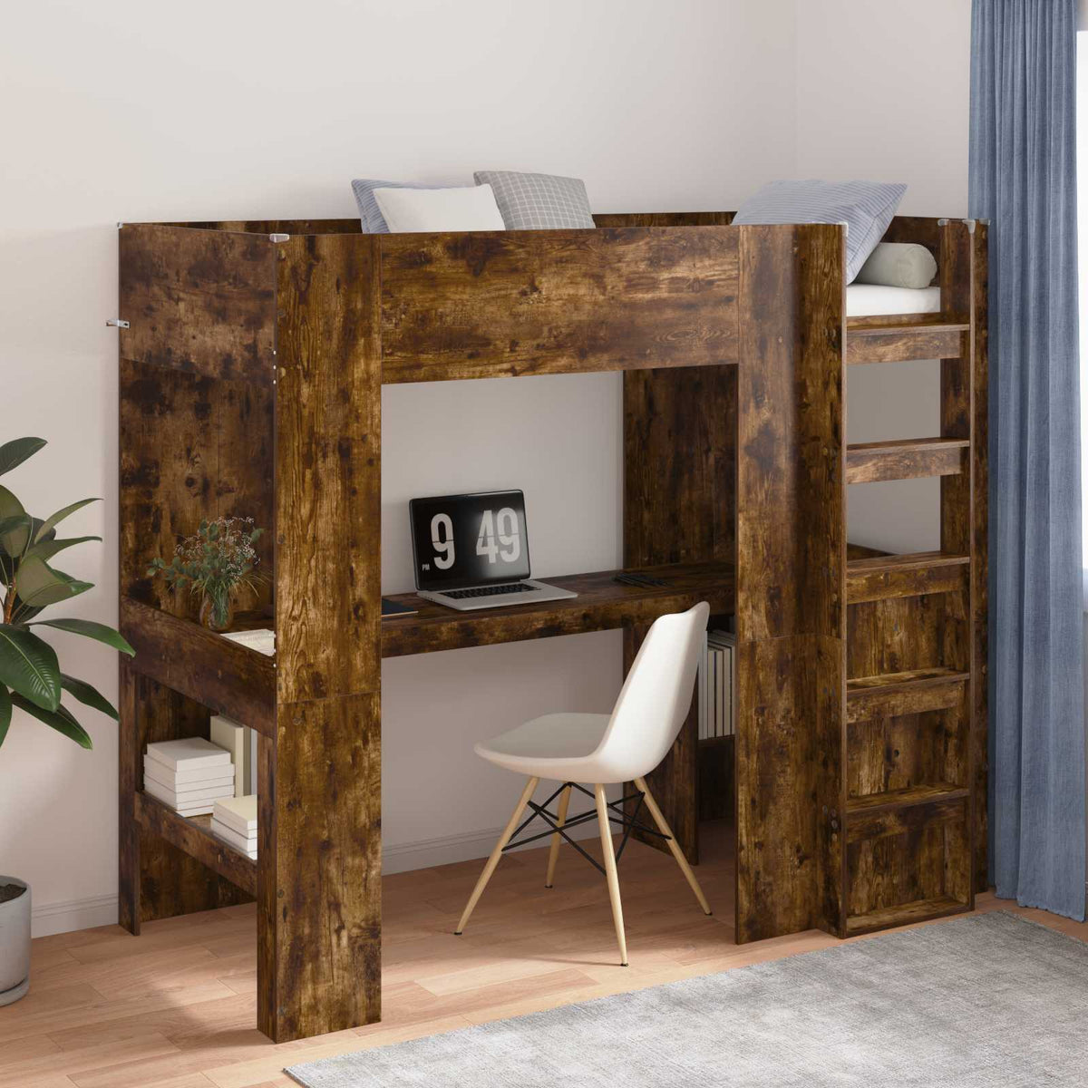 vidaXL Loft Bed Frame with Desk Smoked Oak 90 x 190 cm Engineered Wood 1