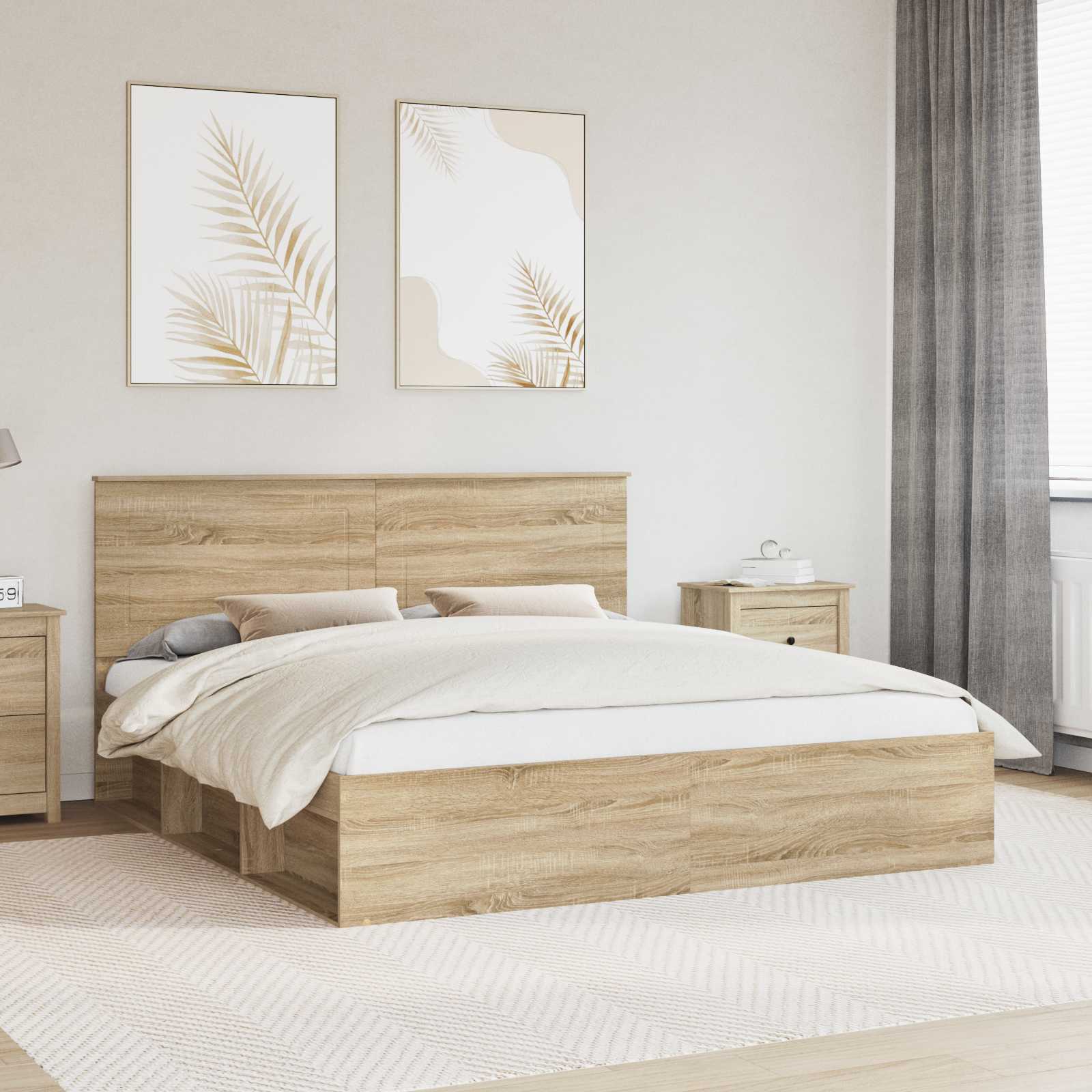 vidaXL Bed Frame with Headboard Sonoma 200 x 200 cm Solid Pine Wood 1