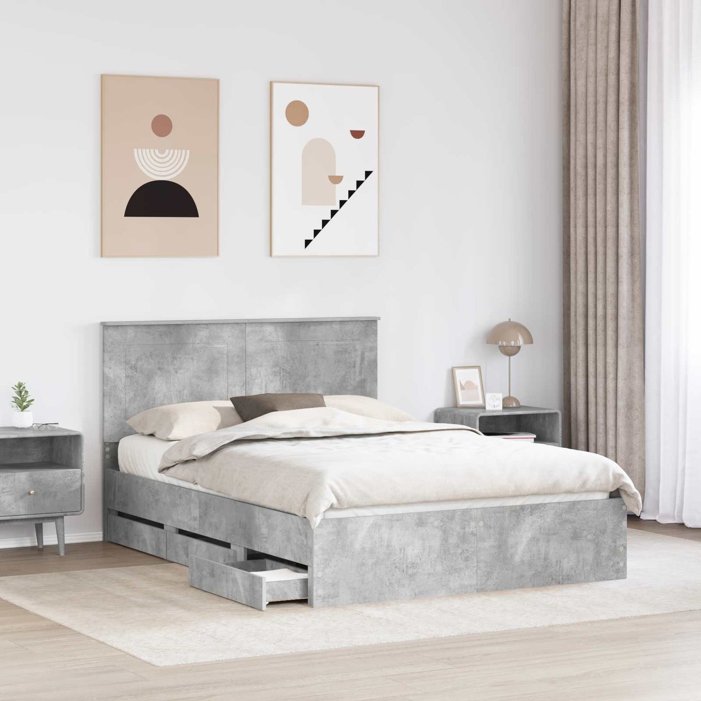 vidaXL Bed Frame with Drawer Concrete Grey 150 x 200 cm Engineer Wood 3