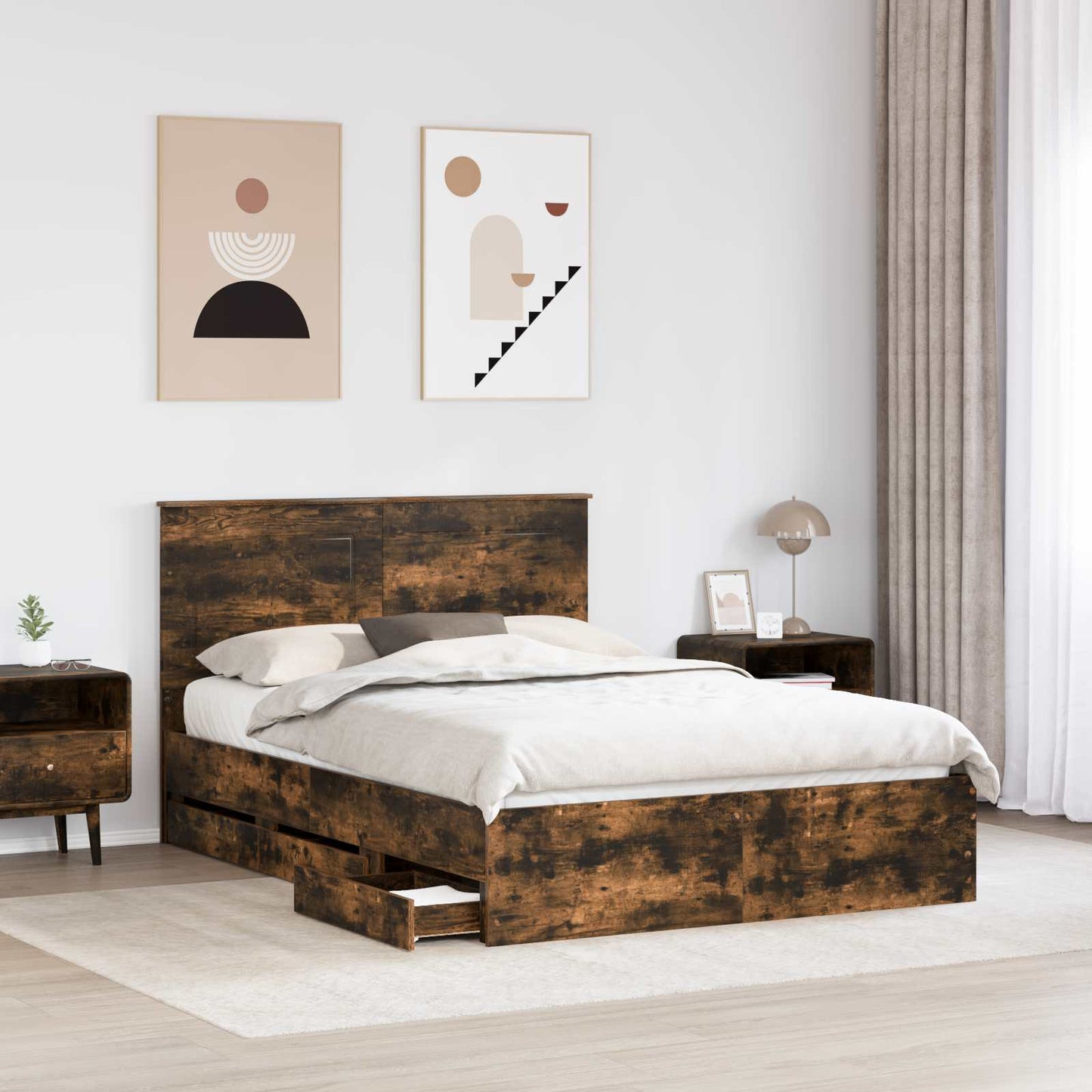 vidaXL Bed Frame with Drawer Smoked Oak 140 x 200 cm Engineer Wood 3