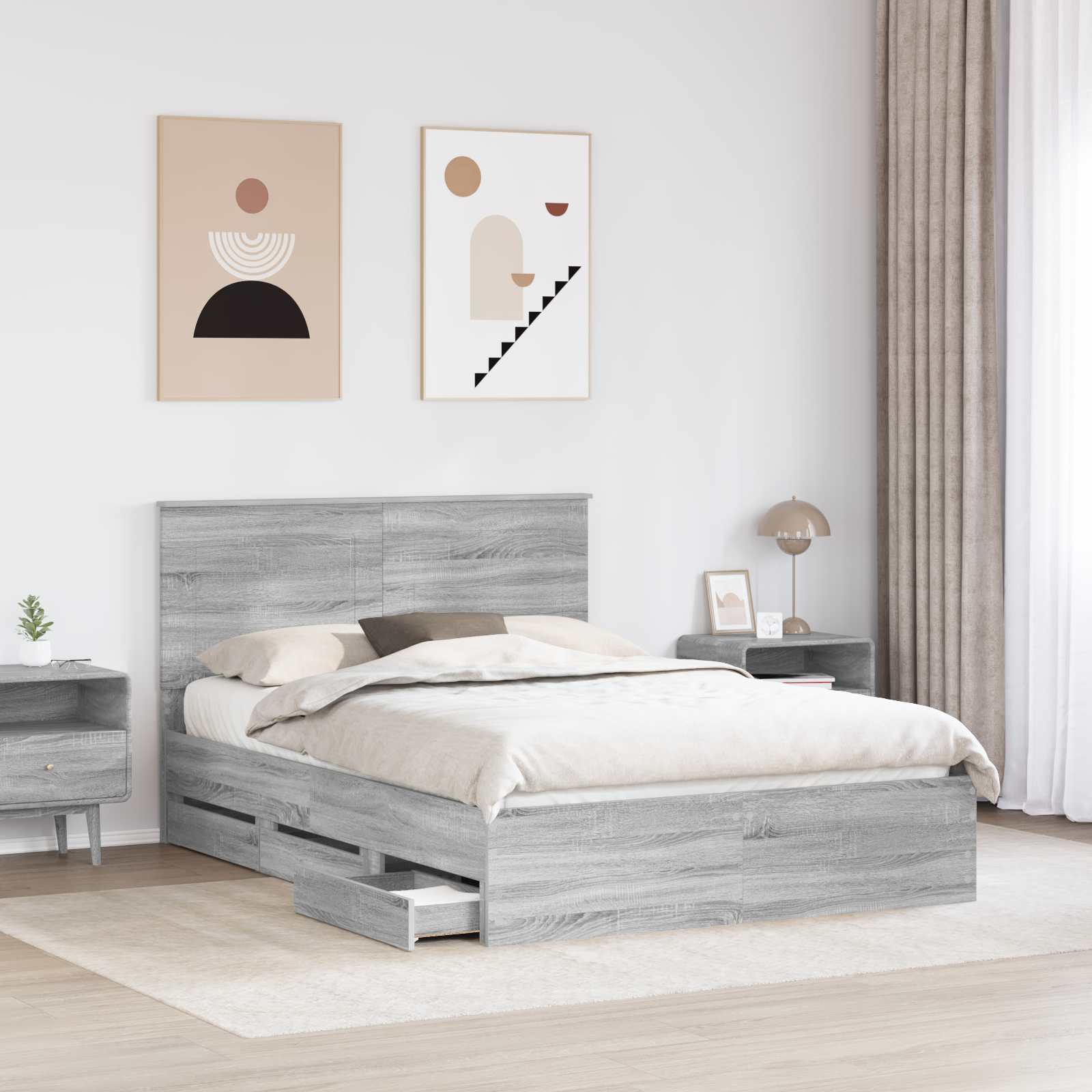 vidaXL Bed Frame with Drawer Grey Sonoma 140 x 200 cm Engineer Wood 3
