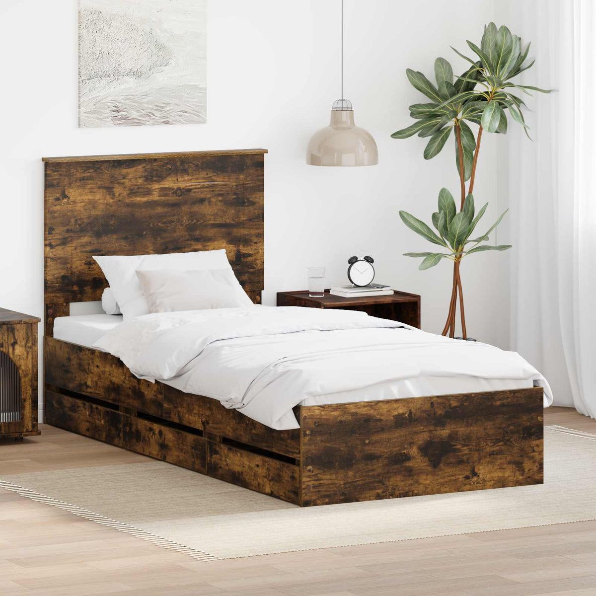 Bed Frame with Drawer Engineer Wood Length 200 cm Smoked Oak 100 cm