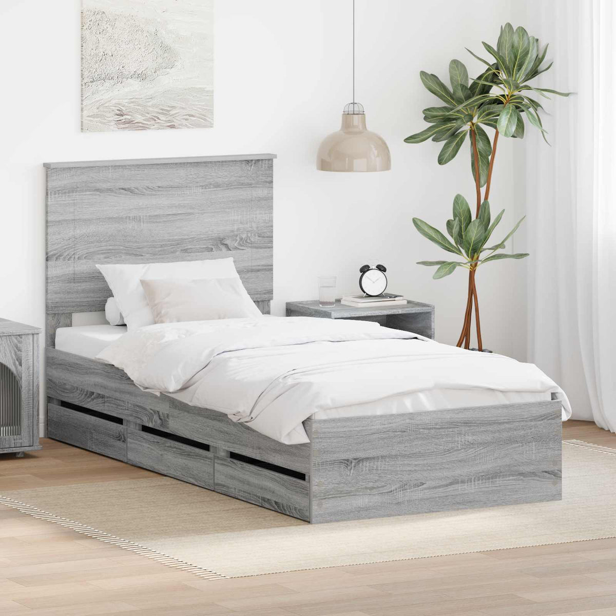 vidaXL Bed Frame with Drawer Engineer Wood Length 200 cm Grey sonoma