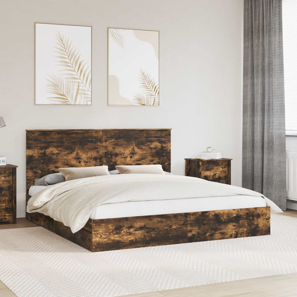 vidaXL Storage Bed with Drawer Smoked Oak 180 x 200 cm Engineered Wood 1
