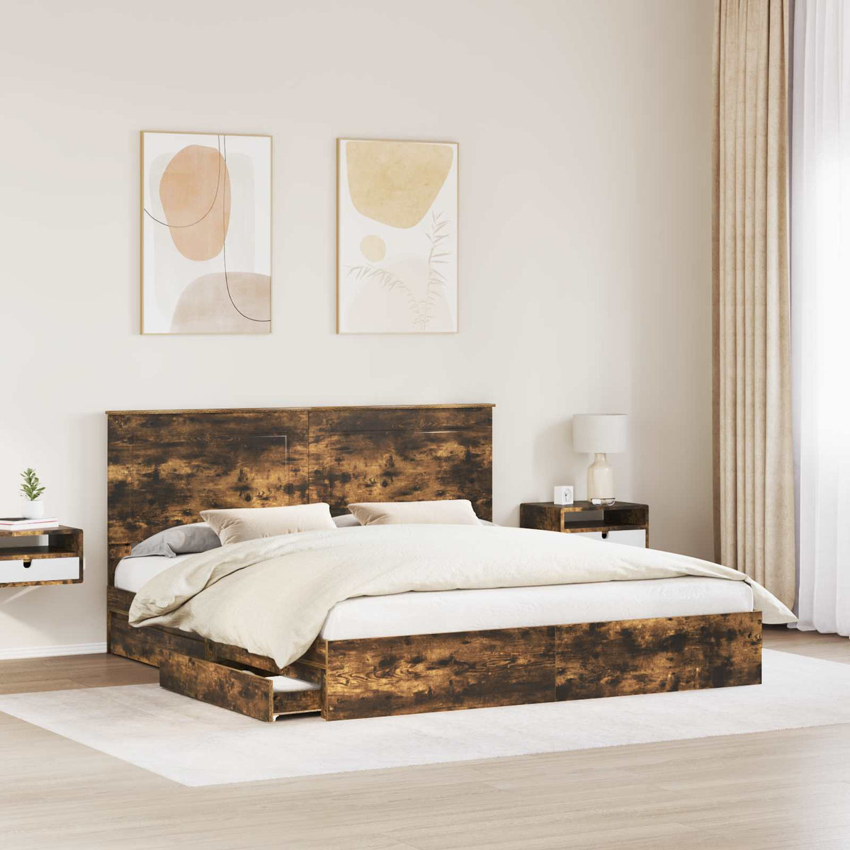 vidaXL Storage Bed with Drawer Smoked Oak 180 x 200 cm Engineered Wood 3