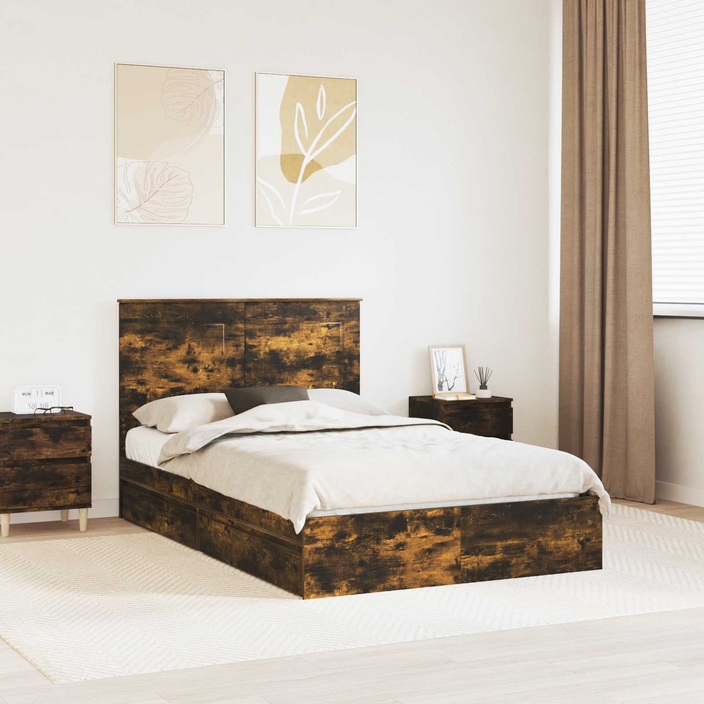 vidaXL Storage Bed with Drawer Smoked Oak 135 x 190 cm Engineered Wood 1