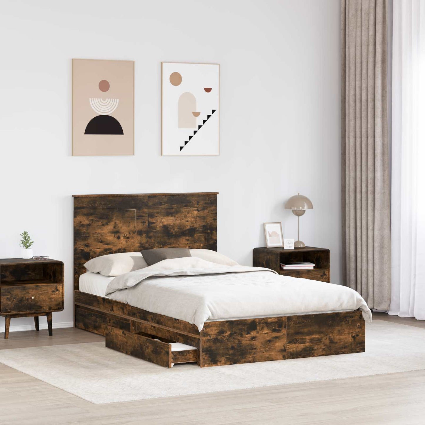vidaXL Storage Bed with Drawer Smoked Oak 135 x 190 cm Engineered Wood 3