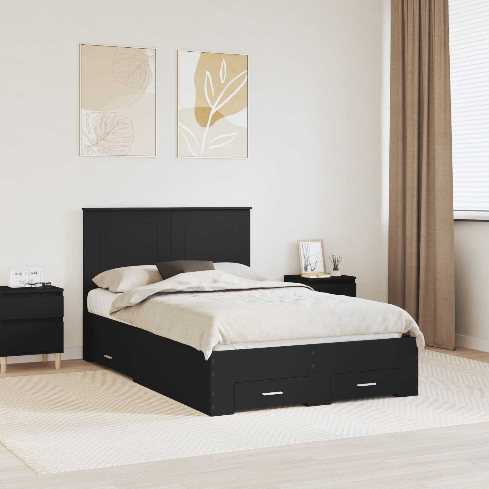 vidaXL Bed Frame with Drawer Black 135 x 190 cm Engineered Wood 1