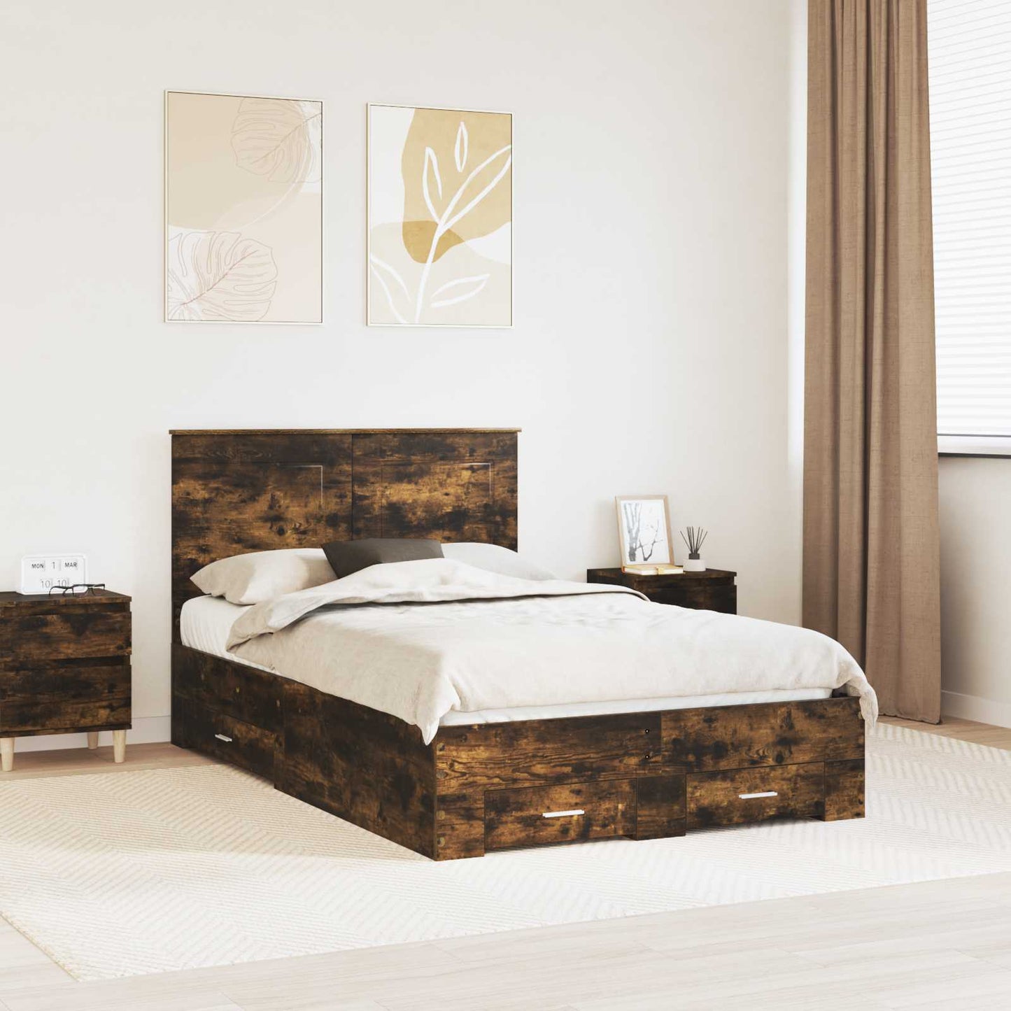 vidaXL Bed Frame with Drawer Smoked Oak 120 x 190 cm Engineered Wood 1
