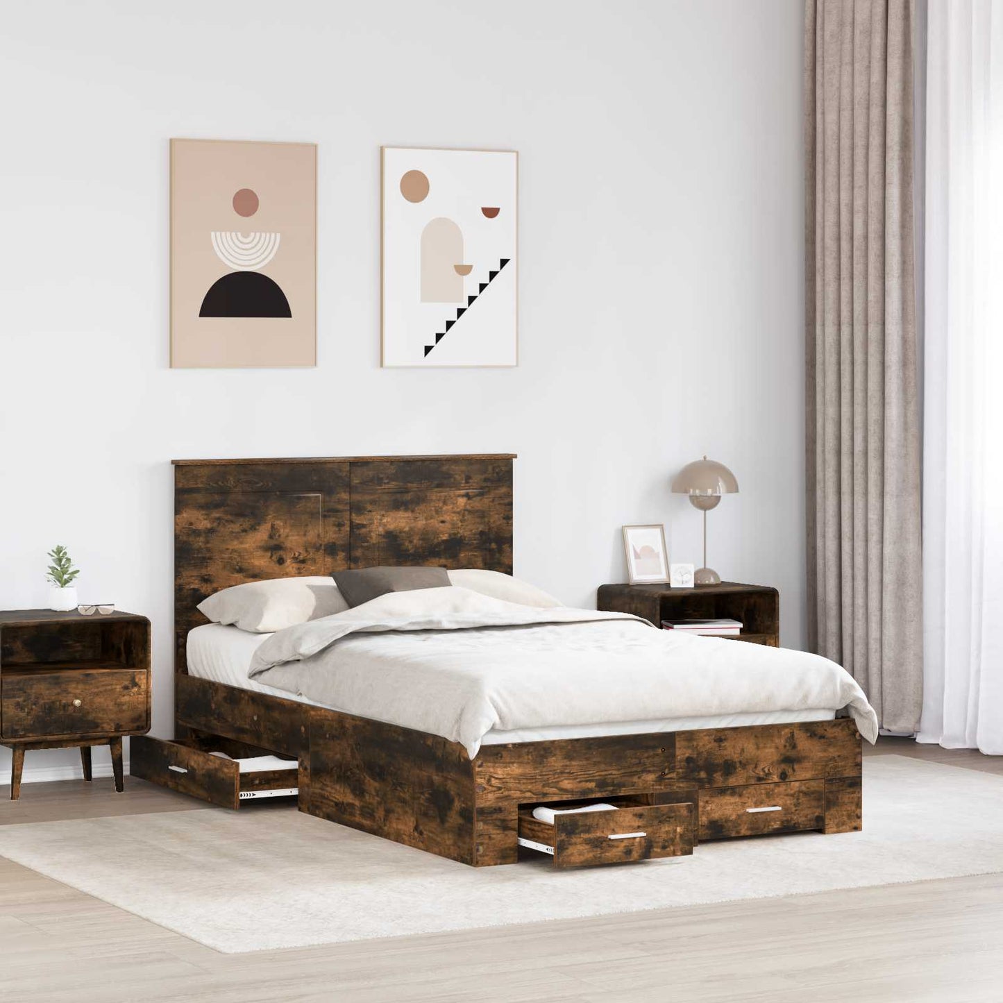 vidaXL Bed Frame with Drawer Smoked Oak 120 x 200 cm Engineered Wood 3