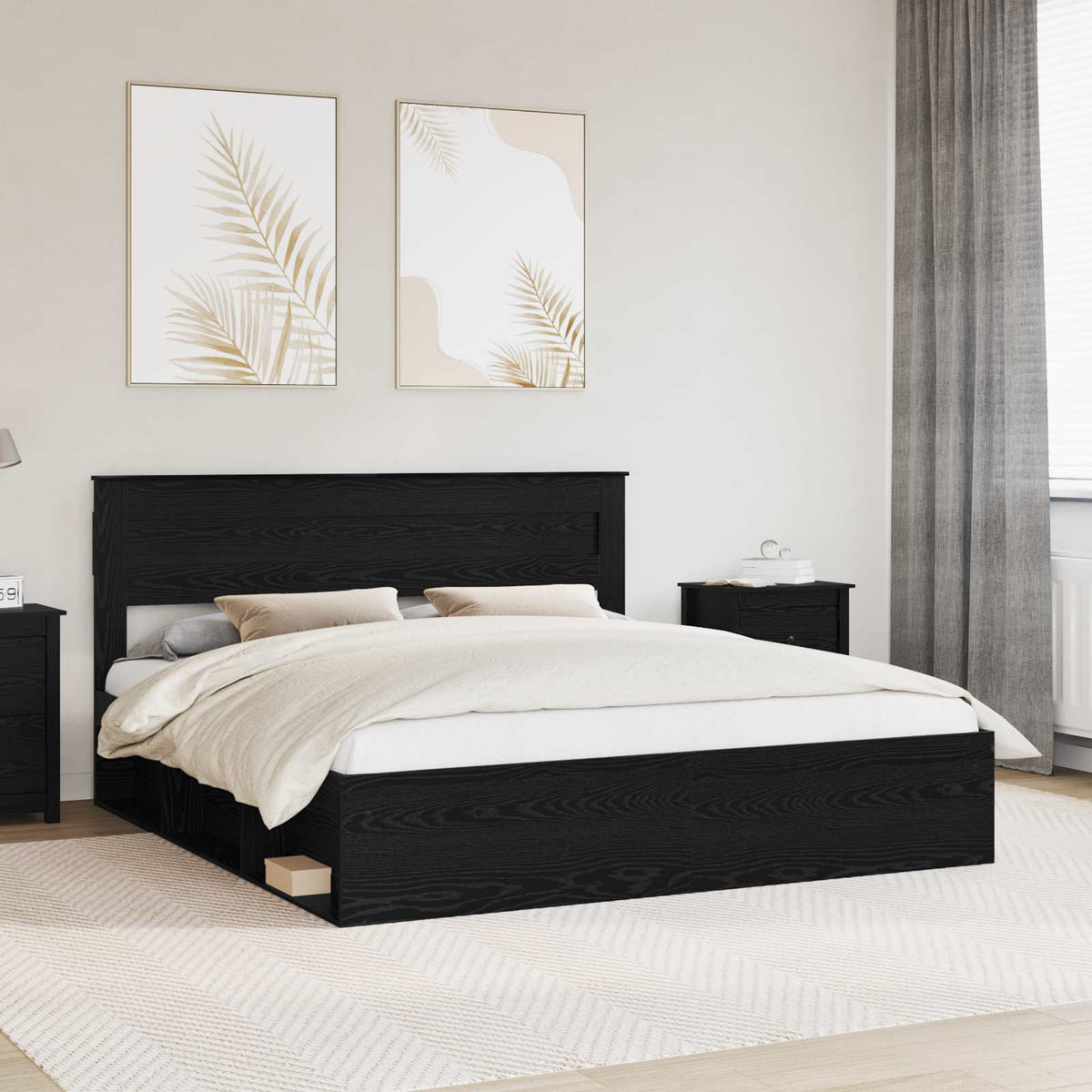 vidaXL Bed Frame Plain with Storage Black 200 x 200 cm Solid Pine Wood 1