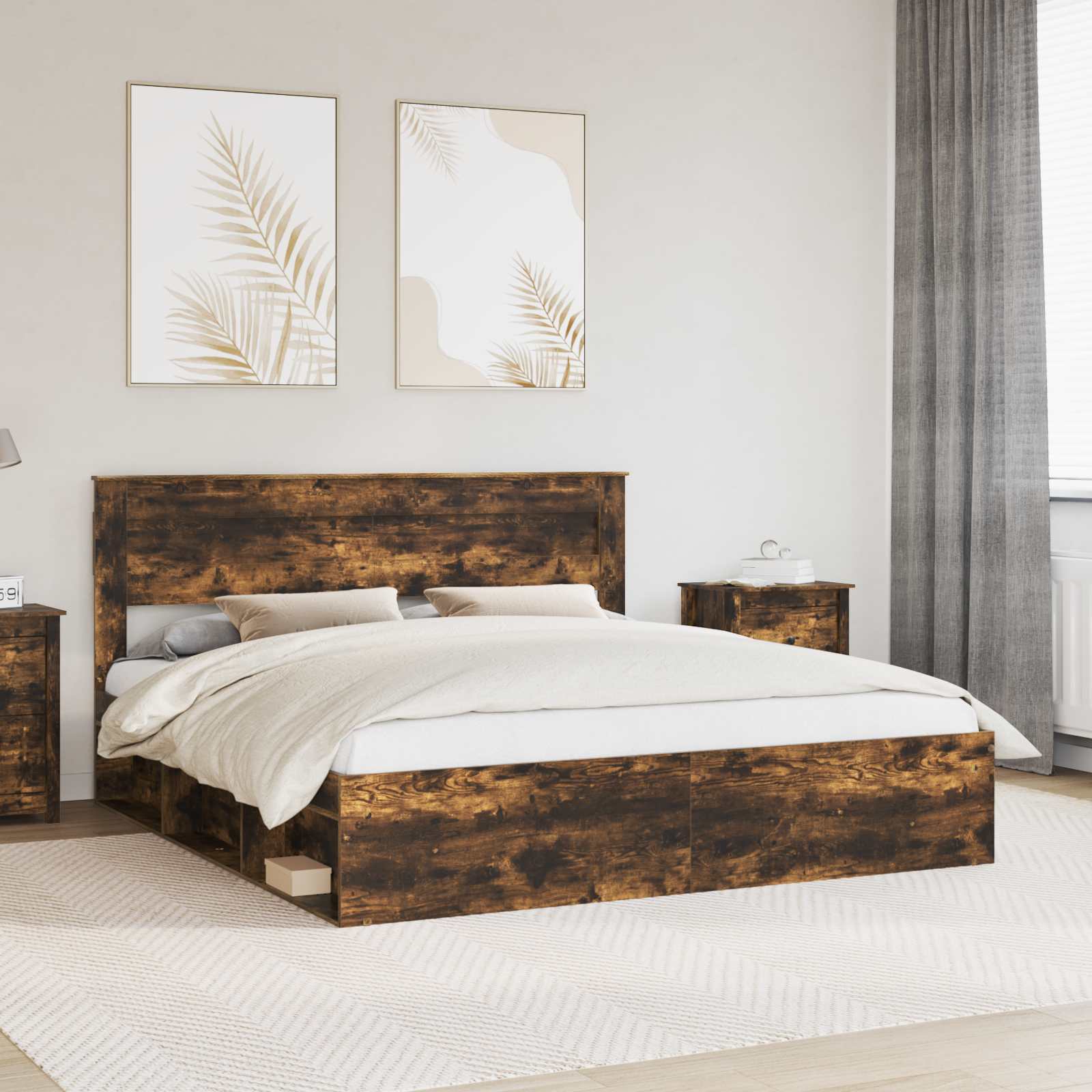 vidaXL Bed Frame with Storage Smoked Oak 200 x 200 cm Solid Pine Wood 1