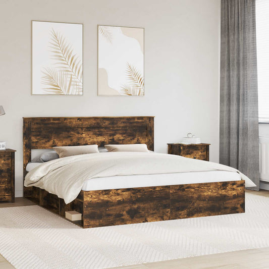 vidaXL Bed Frame with Storage Smoked Oak 200 x 200 cm Solid Pine Wood 1