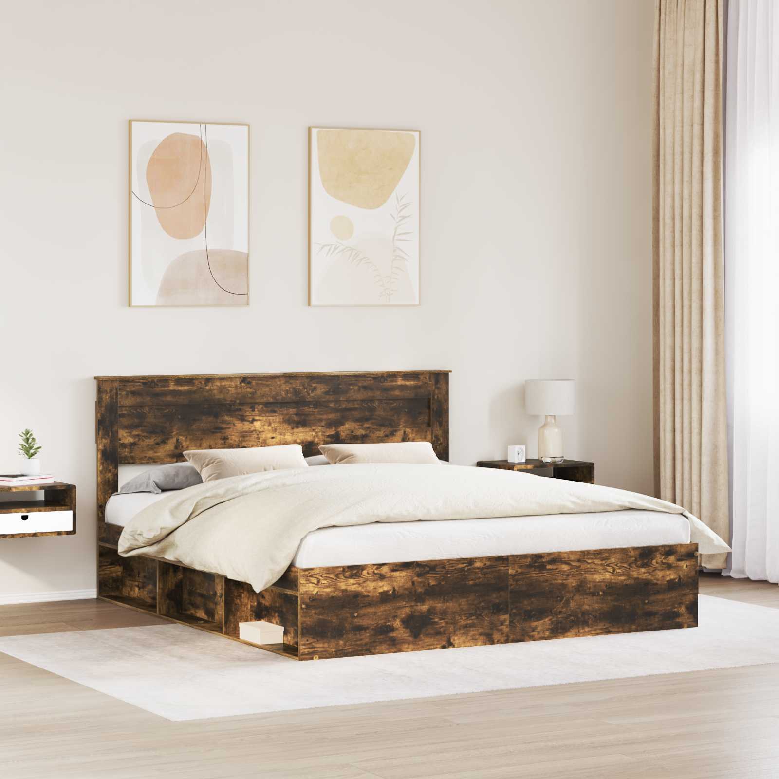 vidaXL Bed Frame with Storage Smoked Oak 200 x 200 cm Solid Pine Wood 3