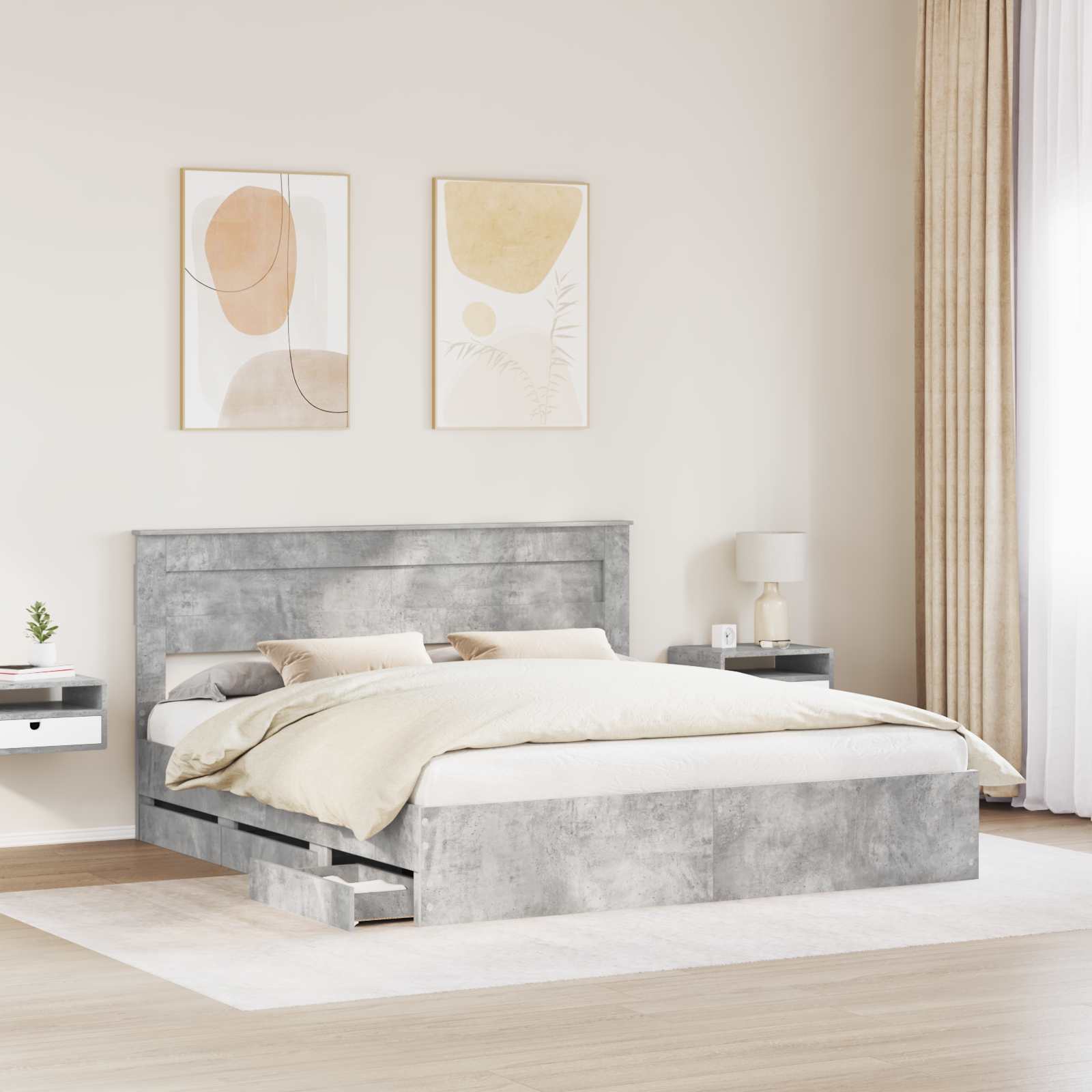 vidaXL Bed Frame with Drawer Concrete Grey 200 x 200 cm Engineer Wood 3