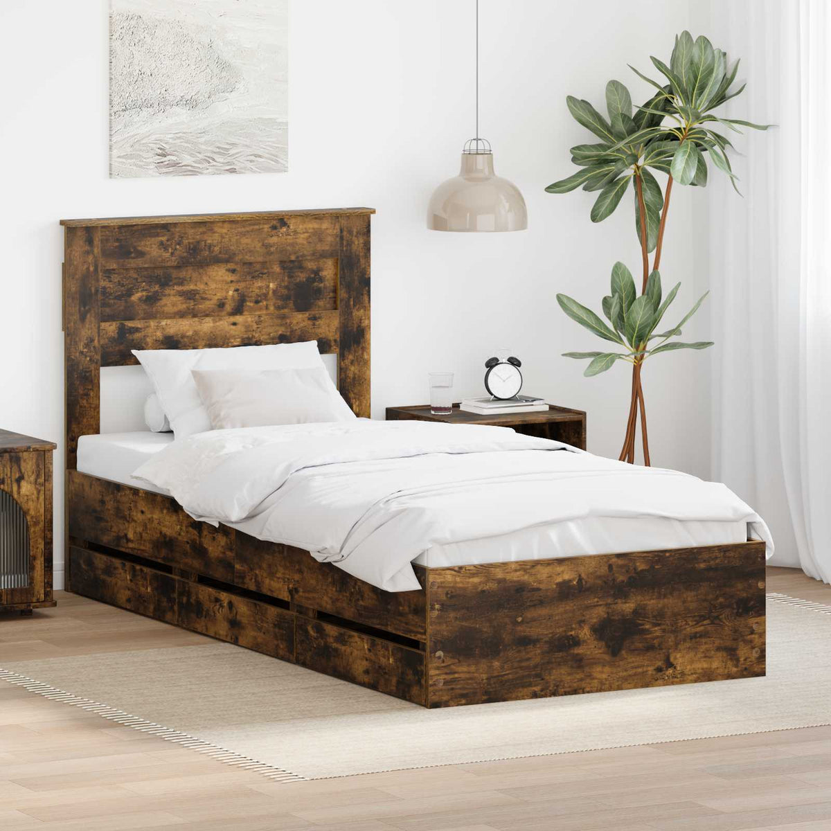 Bed Frame with Drawer Engineer Wood Length 200 cm Smoked Oak 100 cm