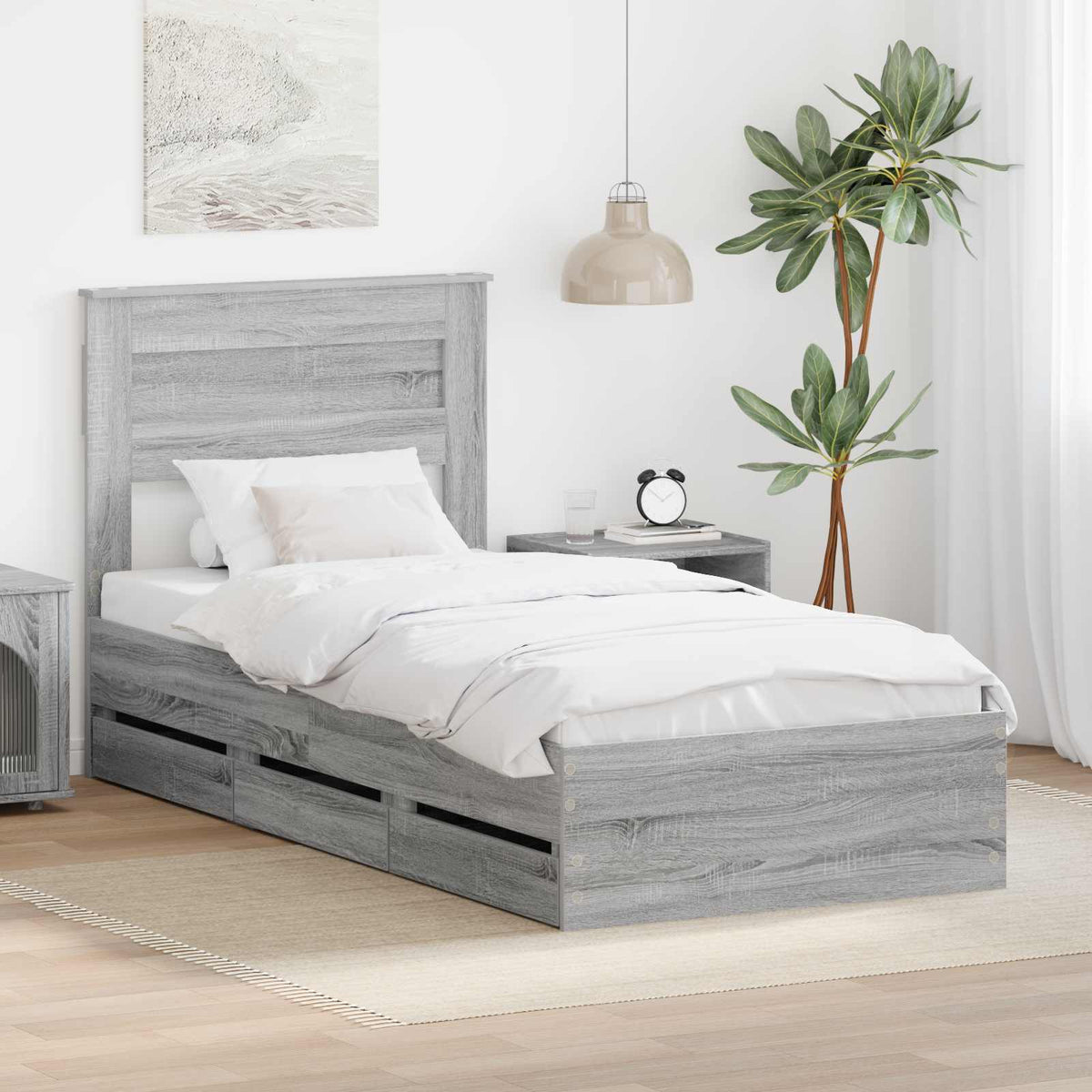 vidaXL Bed Frame with Drawer Engineer Wood Length 200 cm Grey sonoma