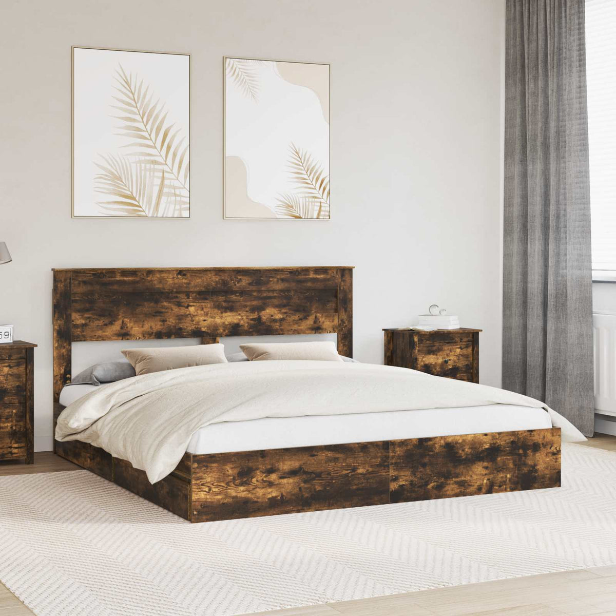 vidaXL Storage Bed with Drawer Smoked Oak 180 x 200 cm Engineered Wood 1