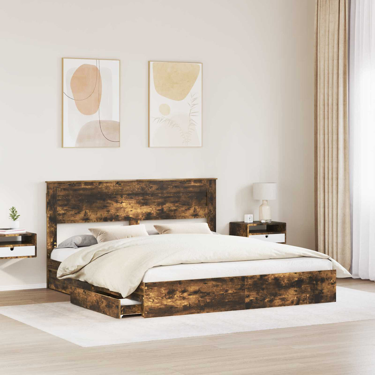 vidaXL Storage Bed with Drawer Smoked Oak 180 x 200 cm Engineered Wood 3