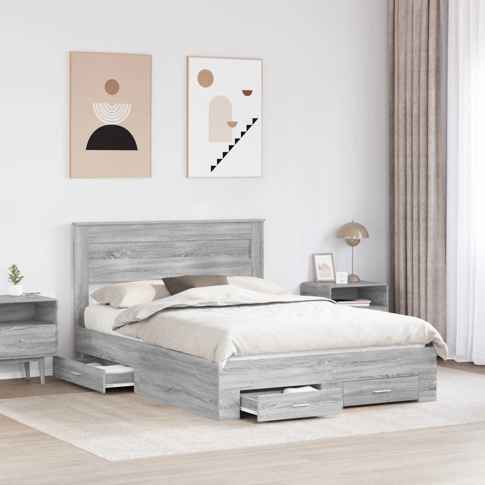 vidaXL Bed Frame with Drawer Grey Sonoma 150 x 200 cm Engineered Wood 3
