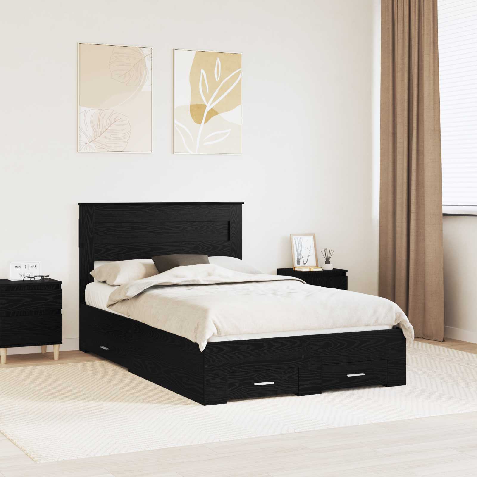 vidaXL Bed Frame with Drawer Black Oak 135 x 190 cm Engineered Wood 1