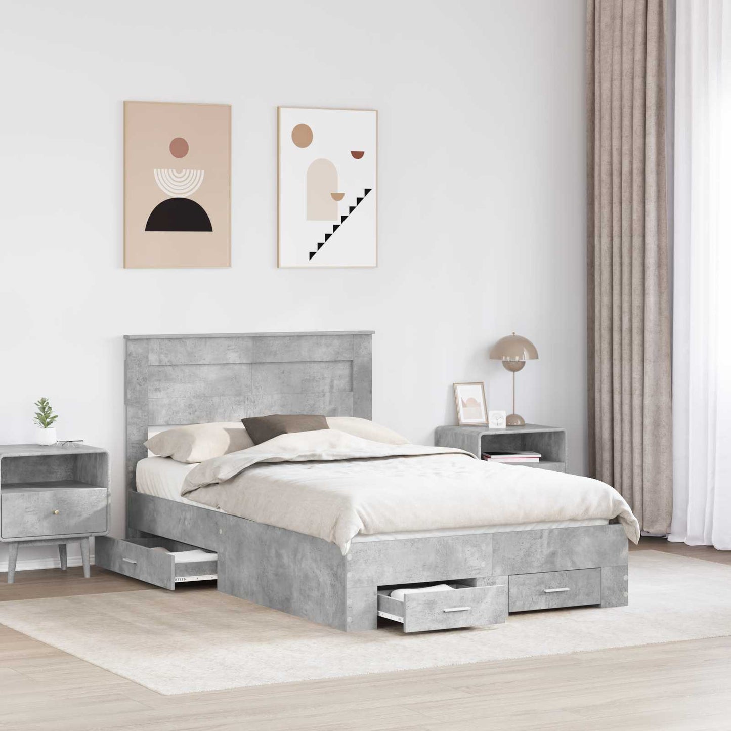 vidaXL Bed Frame Concrete Grey 135 x 190 cm Engineered Wood 3