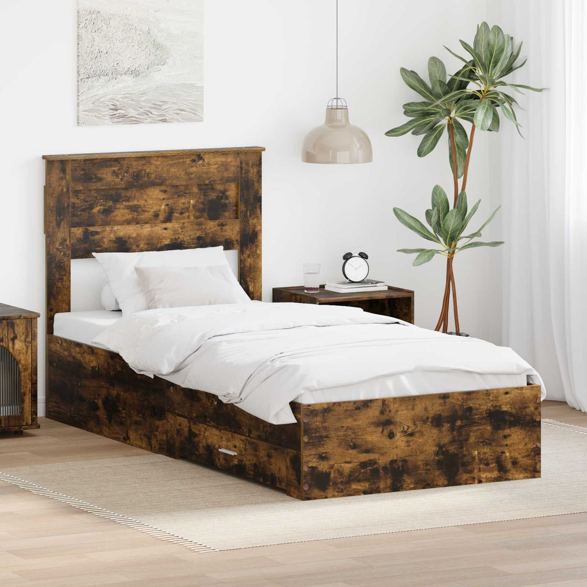 vidaXL Bed Frame with Drawer Engineered Wood Length 200 cm Smoked oak