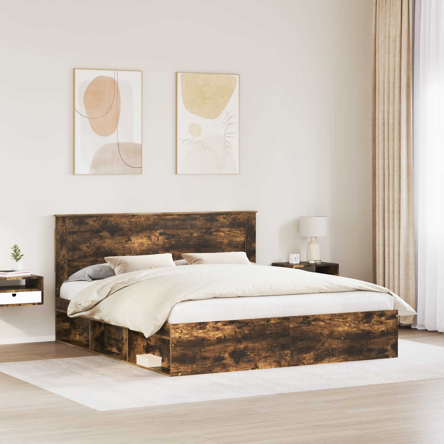 vidaXL Bed Frame Smoked Oak 200 x 200 cm Solid Pine Wood 3