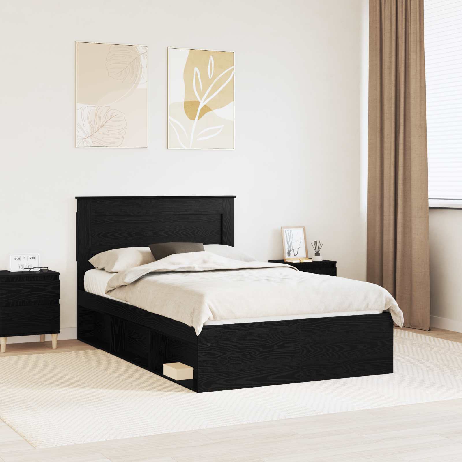 vidaXL Bed Frame with Drawer Plain Black 120 x 190 cm Solid Pine Wood 1