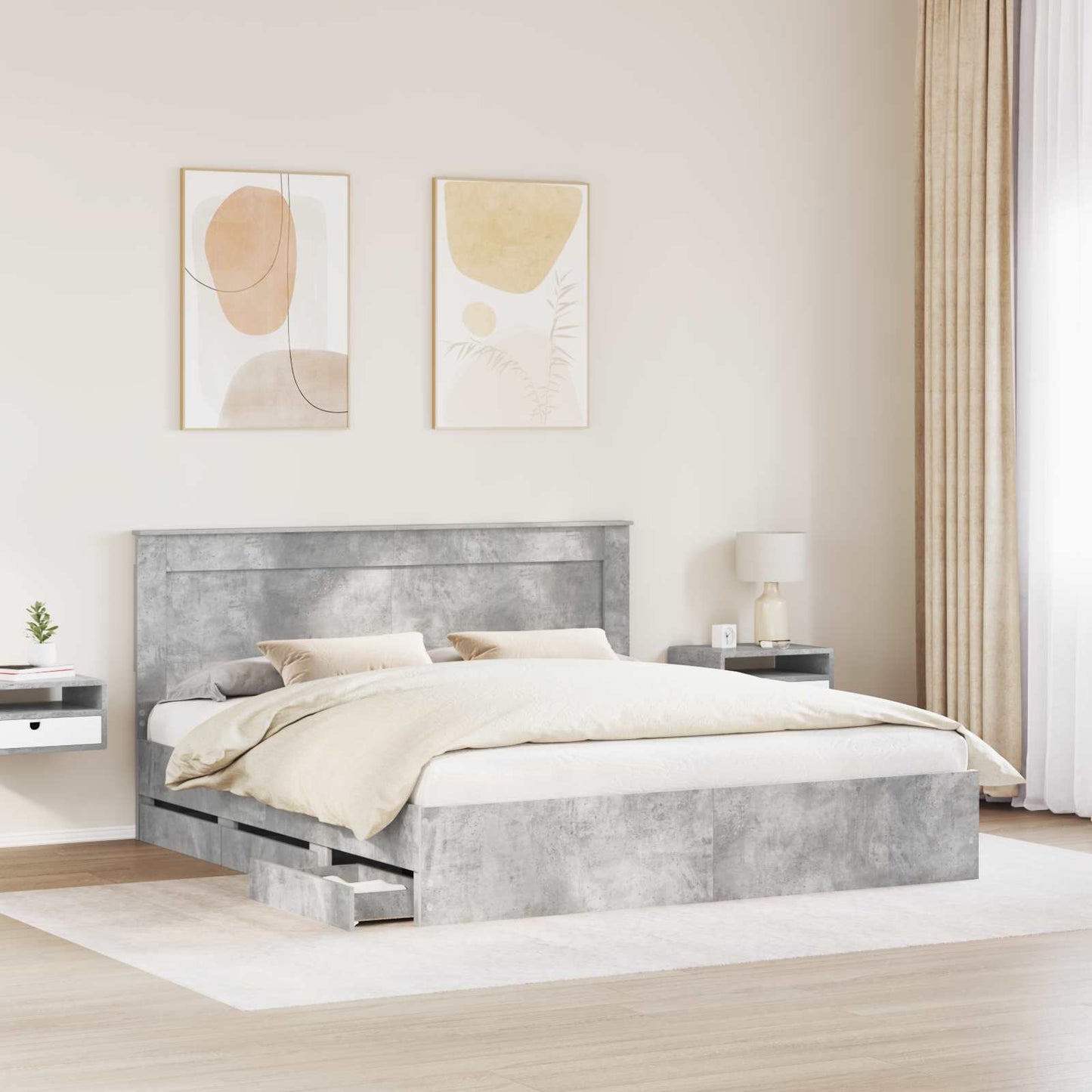 vidaXL Bed Frame with Drawer Concrete Grey 200 x 200 cm Engineer Wood 3