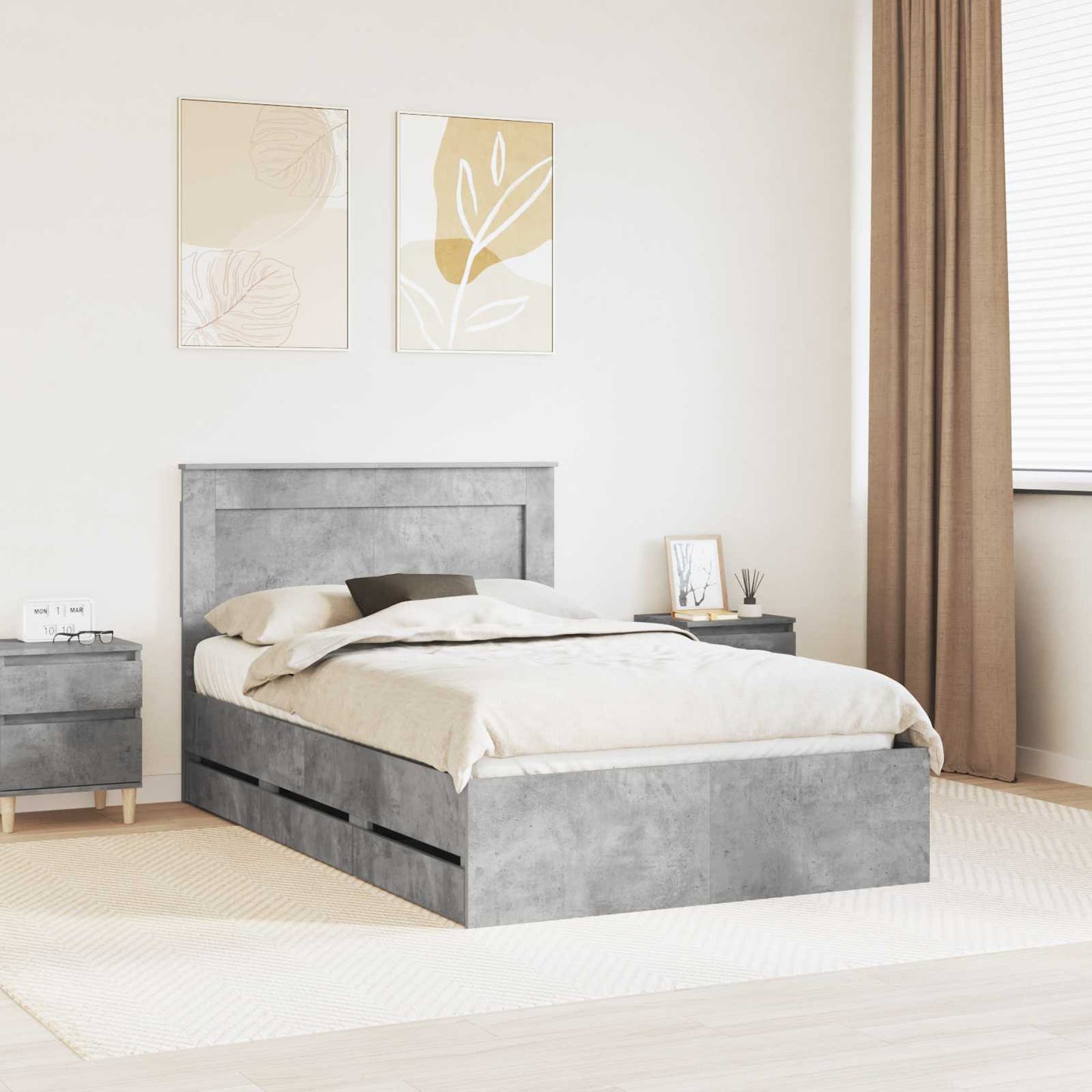vidaXL Bed Frame with Drawer Concrete Grey 135 x 190 cm Engineer Wood 1