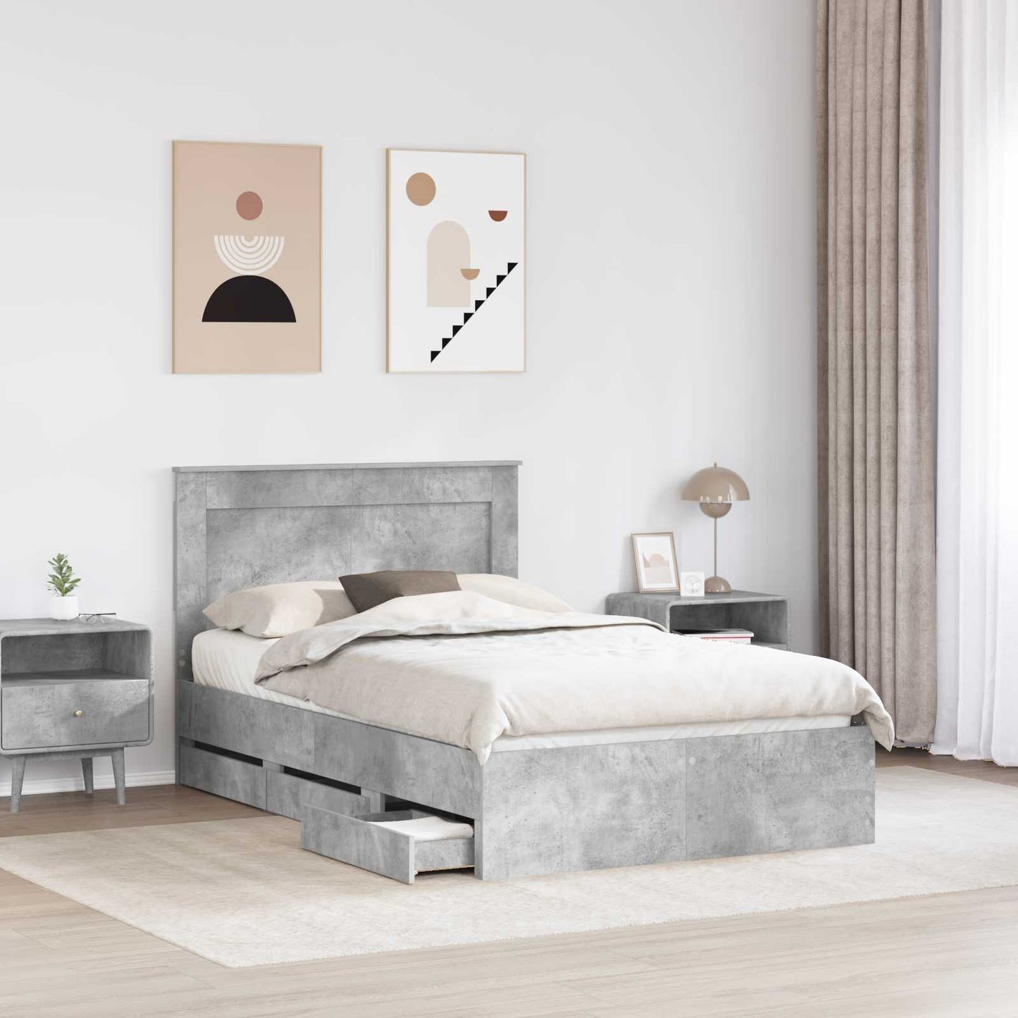 vidaXL Bed Frame with Drawer Concrete Grey 135 x 190 cm Engineer Wood 3